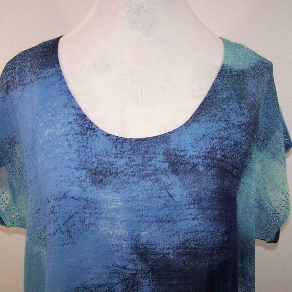 World Unity Shirt Top Medium Chiffon Overlay Studded Scoop Neck Layered Blue - Picture 3 of 8